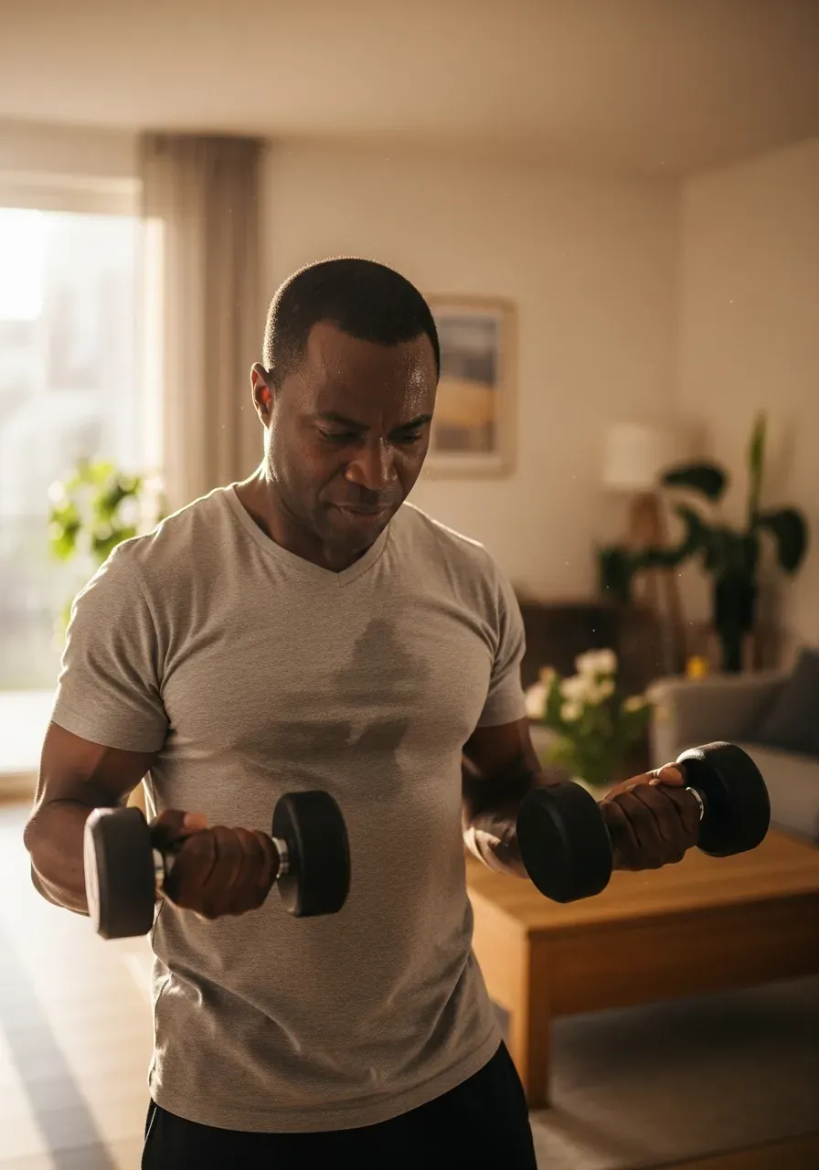 Person doing a strength training workout with dumbbells at home