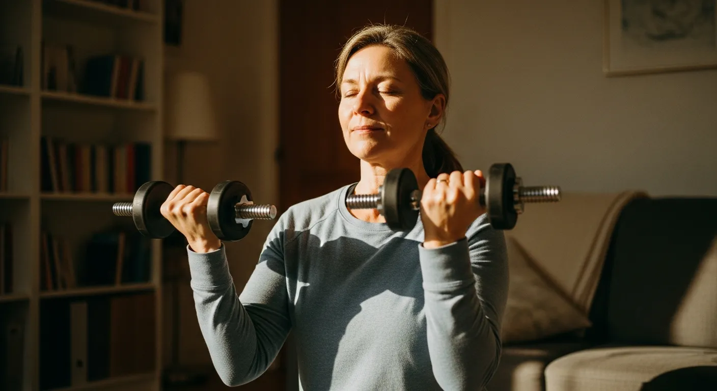 Person working out calmly at home with dumbbells